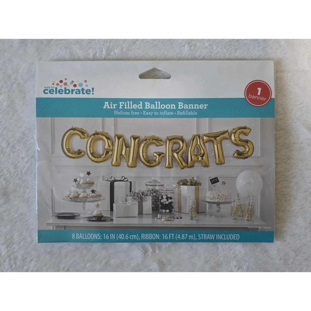 Way To Celebrate Gold CONGRATS Air Filled Grad Birthday Party Balloon Banner